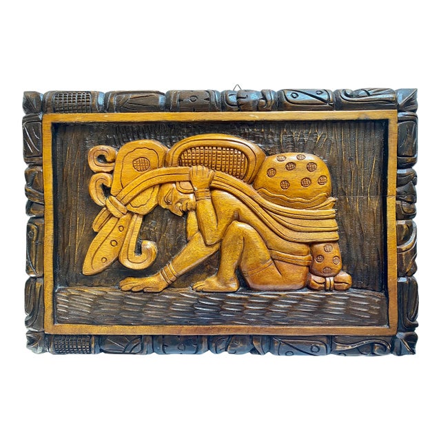 Mid Century Hand Carved Aztec Tribal Honduras Wood Wall Art For Sale