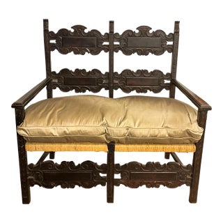 19th-C. French Ebonized Carved Oak Settee With Rush Seat & Silk Down Cushion For Sale