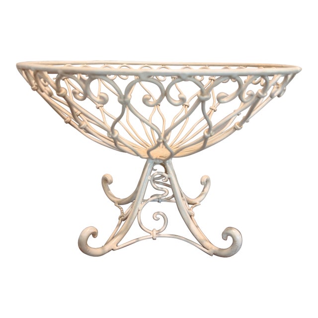 Vintage French Country White Wirework Pedestal Fruit Basket For Sale