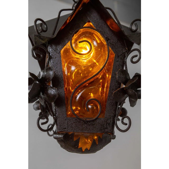 Gothic Mid 20th Century Black Birdhouse Lantern With Amber Blown Glass For Sale - Image 3 of 11