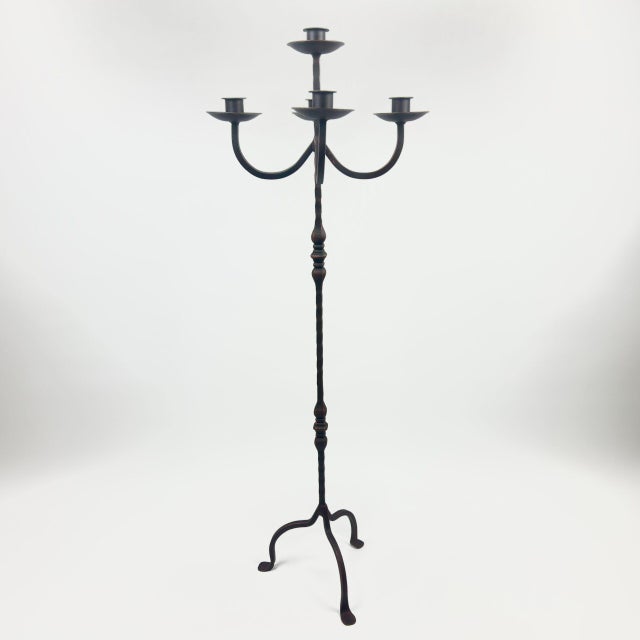 Hand Forged Iron Floor Candelabra 48.5″ (123cm) Antique Copper or Gold Patina 3-Arm Royal Scroll Candle Holder Decor For Sale - Image 9 of 12