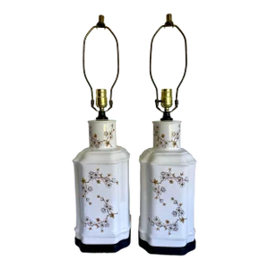 Pair of Vintage Asian Chinoiserie Cherry Blossom Porcelain Lamps