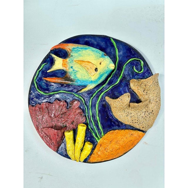Queen Angel Fish Ceramic Wall Sculpture Offered for sale is a handcrafted wall sculpture of a queen angel fish swimming in...