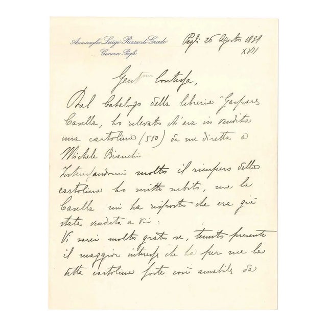 Libero De Libero, Letter by Libero De Libero to Countess Pecci Blunt, Late 1930s For Sale