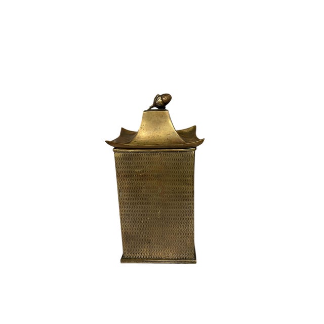 Vintage handmade brass pagoda biscuit jar, canister, tea caddy. Measures 6” w x 5” d x 12” h. Container without of lid 5”...