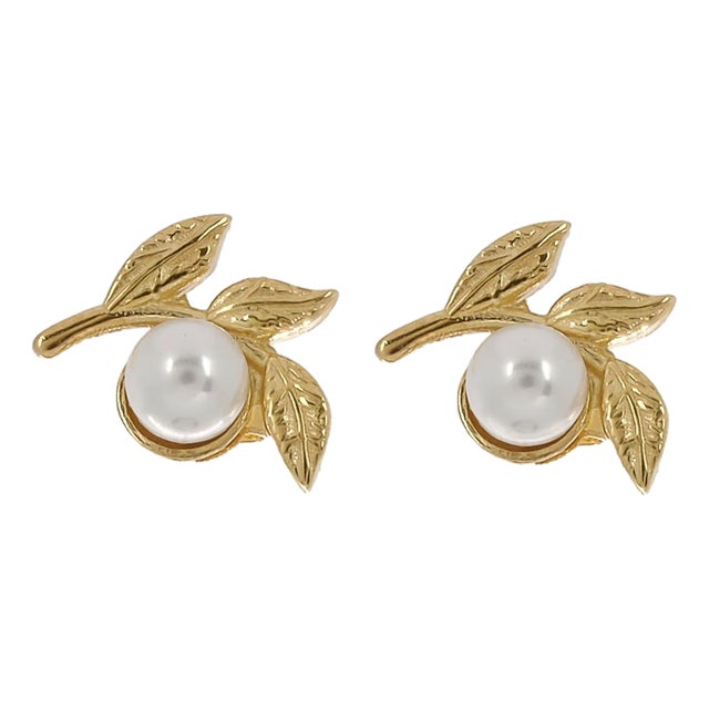 Cleopatra Pearl Floral Gold Earrings, A Pair For Sale