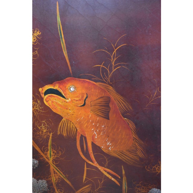 1950s 1950's Song Ho Vietnamese Black Lacquer Gold Koi Fish Artwork Painting on Wood For Sale - Image 5 of 18