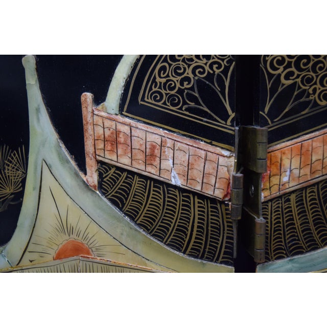 Chinese 4-Panel Stone Inlay Lacquered Scenic Wooden Folding Floor Screen Room Divider For Sale - Image 9 of 13