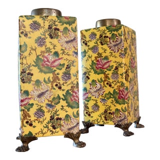 Vintage Set of 2 Large Yellow Gold Paw Footed Garden Urn Jars Brass Caps For Sale