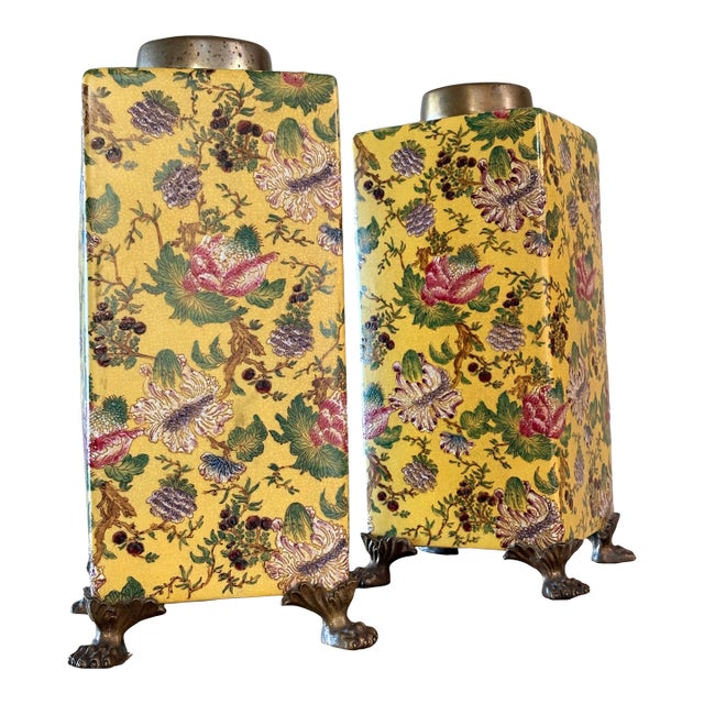 Vintage Set of 2 Large Yellow Gold Paw Footed Garden Urn Jars Brass Caps For Sale