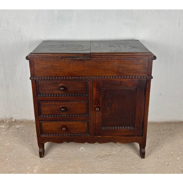 Traditional Spanish Oak Sewing Cabinet With Fabric Basket, Early 20th Century For Sale - Image 3 of 18