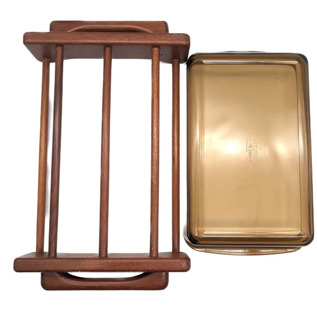 1970s Teak Wood Casserole Cradle With Smoke Brown Glass Baking Pan, 2 Piece Set For Sale - Image 10 of 11