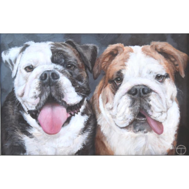 Two English Bulldog Portrait Painting Including the Black & Silver Wood Frame For Sale - Image 4 of 6