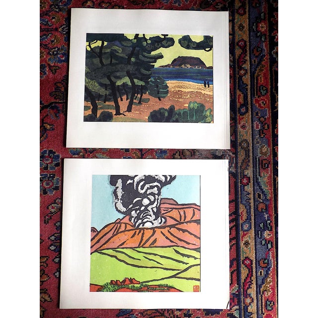 Green Vintage Folio Size Mid 20th C. Fauvist Japanese Lithographs of Japanese Landscape Woodblock Prints - a Pair For Sale - Image 8 of 8