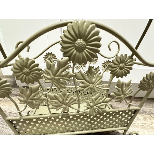 Vintage Late 20th Century Wrought Iron Floral Magazine Rack With Daisy & Leaf Metalwork- Cottage Shabby Chic Décor For Sale - Image 4 of 12