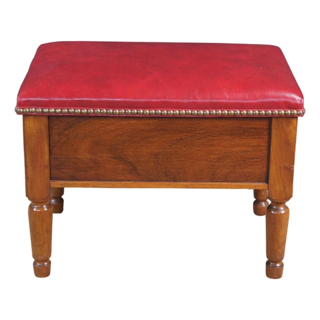 Mid 20th Century Mid Century American Country Oak Leather Nailhead Footstool Ottoman Compartment For Sale