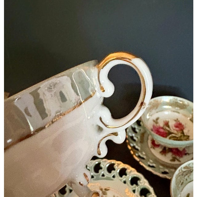 Green Vintage Royal Sealy Teacup Trio: Iridescent Green China With Pink Roses - Set of 3 Cups & 3 Saucers For Sale - Image 8 of 10