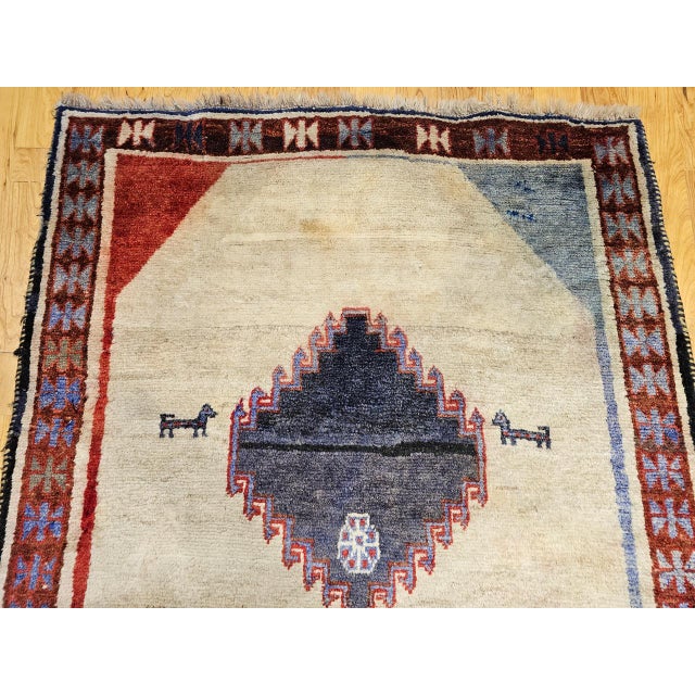 Cream Vintage Persian Gabbeh Tribal Rug, Hand-Knotted Wool, Minimalist Diamond Design, Ivory & Gray, 4x7 For Sale - Image 8 of 15