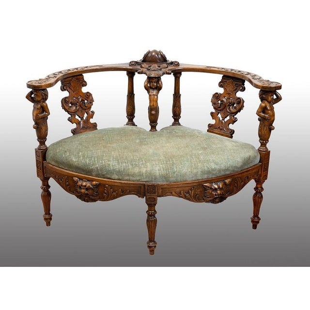 Antique Neo-Renaissance Tete-a-Tete Sofa in Carved Walnut, Late 19th Century For Sale - Image 5 of 5