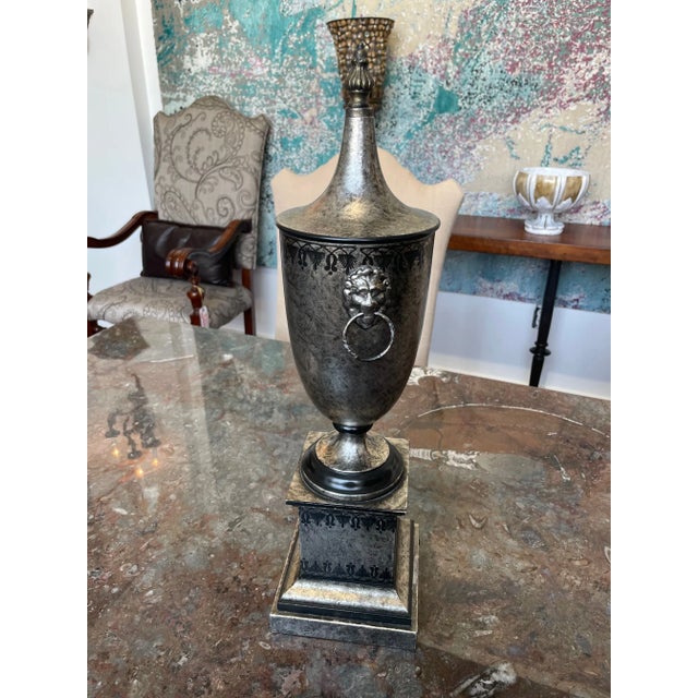 1990s Handmade Italian Metal Urn, Silver Lions Head Handles For Sale - Image 4 of 6