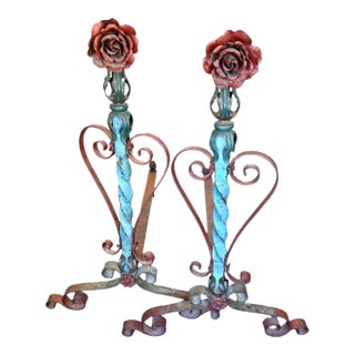 Tall Antique French Floral Tole Andirons For Sale