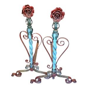 Tall Antique French Floral Tole Andirons