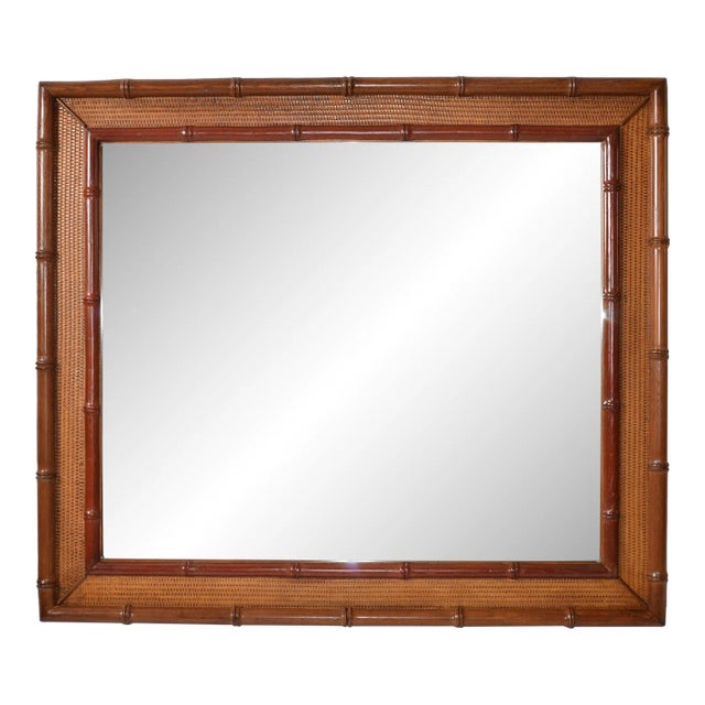1980s Hollywood Regency Bohemian Rectangular Handwoven Rattan and Bamboo Wall Mirror For Sale
