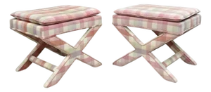 Vintage French Country Pink Plaid Hollywood Regency X-Stool Curule Benches- a Pair