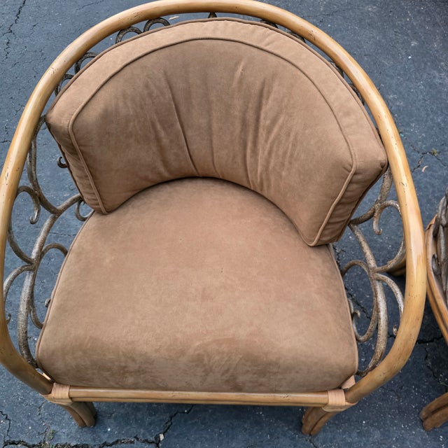 Pair of Maitland-Smith Hollywood Regency Wooden Faux-Bamboo Tub Chairs With Wrought-Iron Scrollwork, Philippines For Sale - Image 9 of 14