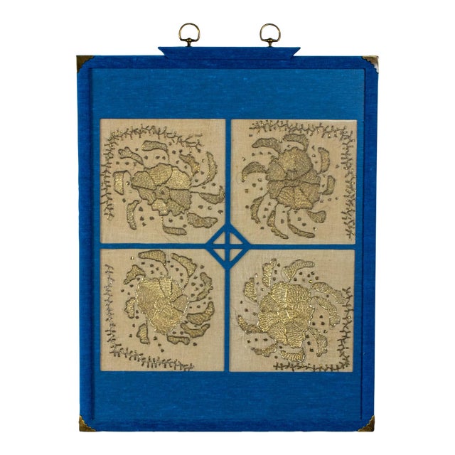 19th to 20th Century Textile Wall Art Metallic Gold Embroidered Panel on Linen Blue Silk Frame Manner of Turkish Ottoman For Sale