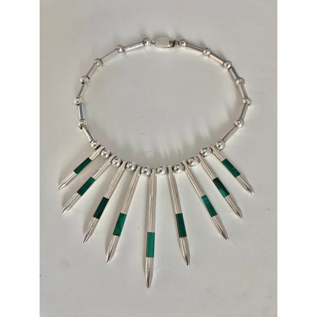 Taxco Sterling Silver + Malachite Modernist Necklace, Mexico 1970s For Sale - Image 13 of 13