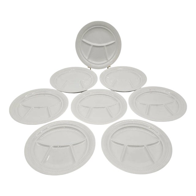 Set of 8 Vintage French Keller & Guerin White Divided Porcelain Plates – Luneville K&g Fondue Dinnerware For Sale