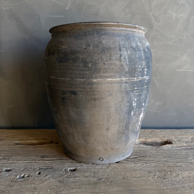 Rustic Vintage Clay Pottery in Matte Gray With Patina Large Size For Sale - Image 3 of 5