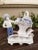 Pair 1920s Erphila Blue & White Porcelain Farmers With Large Basket Bud Vases on Wheelbarrows For Sale - Image 4 of 10