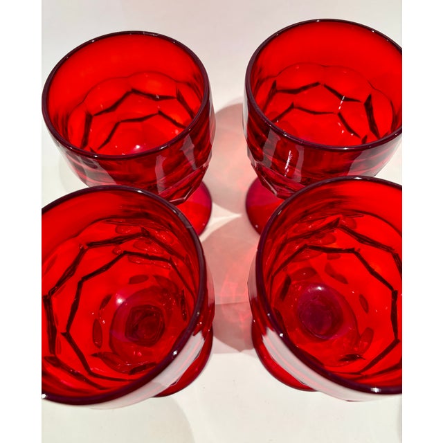 Mid 20th Century Vintage Viking Georgian Honeycomb Thumbprint Goblets Ruby Red - Set of 4 For Sale - Image 5 of 7