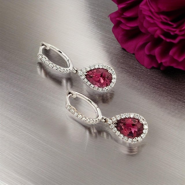 Diamond Rubellite Tourmaline Drop Earrings 18k W Gold 2.93 TCW Certified For Sale - Image 11 of 12