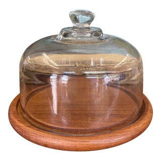 Vintage Mid-Century Modern Glass and Teak Cheese Dome by Goodwood Thailand For Sale