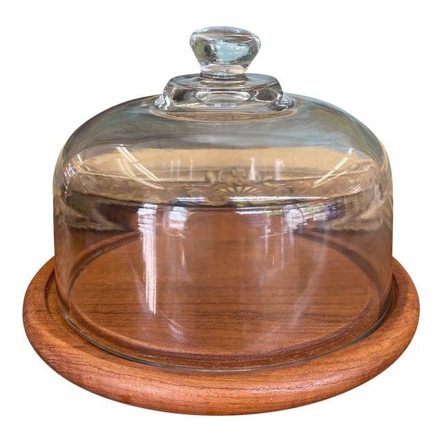 Vintage Mid-Century Modern Glass and Teak Cheese Dome by Goodwood Thailand For Sale