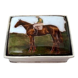 Sterling Silver Pill Box Equestrian Enamel Scene, in the English Style, 20th C. For Sale