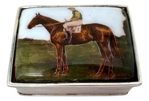 Sterling Silver Pill Box Equestrian Enamel Scene, in the English Style, 20th C.
