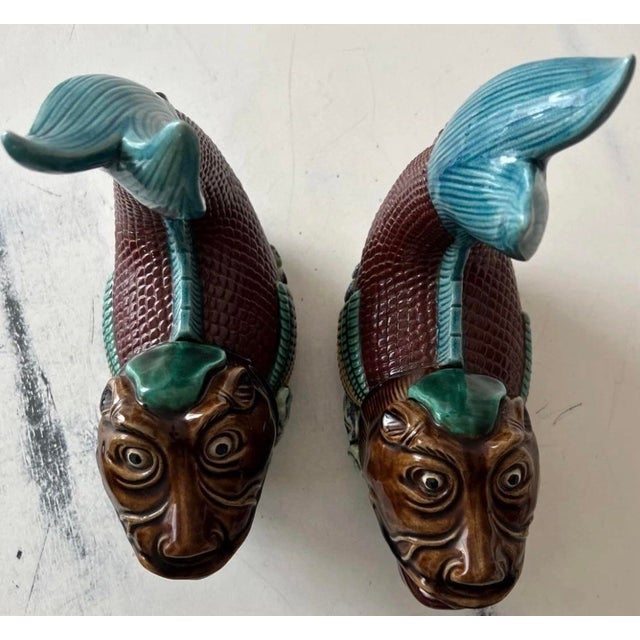 Vintage Pair of Chinese Porcelain Statues of Koi Dragon Carp Dragon Fish Figurines. 10"h & 9.5"h For Sale - Image 9 of 14