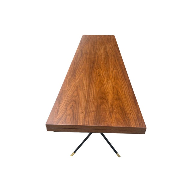1960s Vintage Rare Mid Century Modern X-Base Wrought Iron Walnut Flip Top Walnut Dining Table / Console / Desk Restored Brass For Sale - Image 5 of 12
