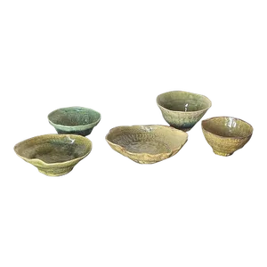 Mid-Century Hand Thrown Pottery Trinket Bowls and Dishes in Shades of Green Wtih Leaf Designs, Signed, a Set of Five (5)