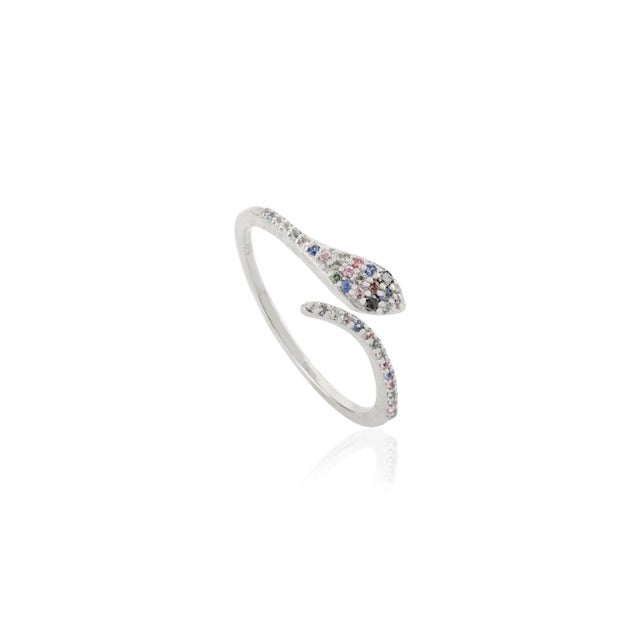 Contemporary 18k White Gold Open Face Multi Sapphire and Diamond Snake Ring Size 7 For Sale - Image 3 of 11