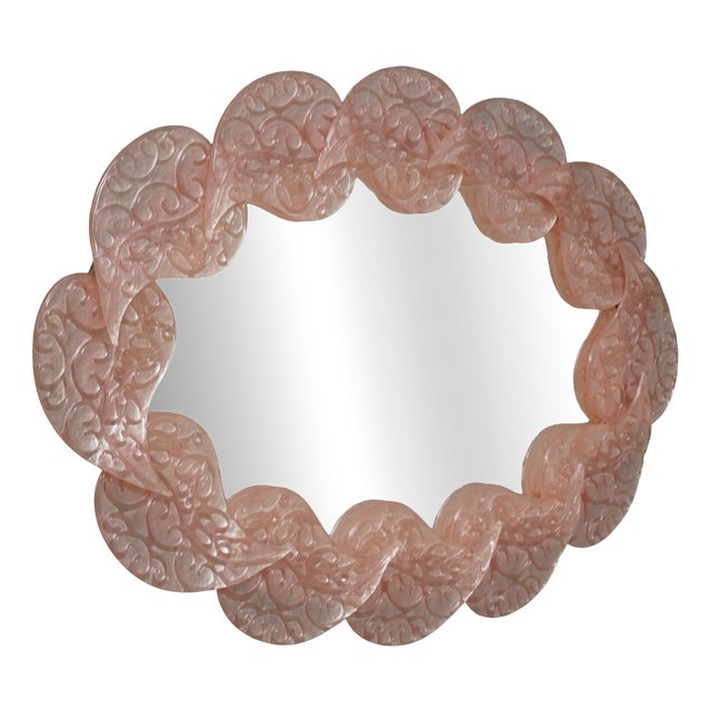 Mid-Century Italian Oval Pink Murano Glass and Brass Wall Mirror, 2000s For Sale
