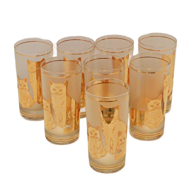 Mid-Century Modern 1970s Mid-Century Modern Culver "Tabby" 22k Gold & Frosted Cat Highball Glasses & Matching Tray - 9 Pcs For Sale - Image 3 of 6