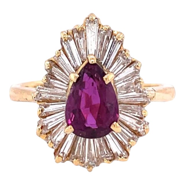 1970s Lady’s Ruby With Diamond Baguettes in 18k Gold Ring Size 4.5 For Sale