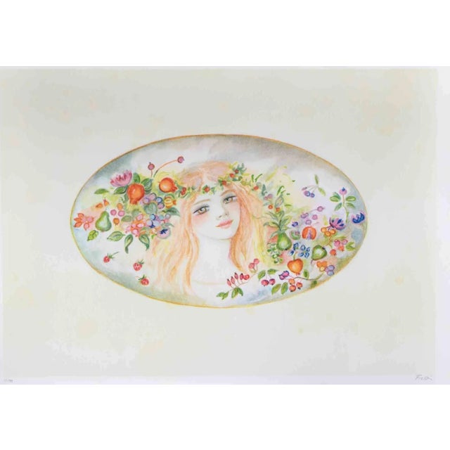Contemporary Felicita Frai, Portrait with a Garland of Flowers, Lithograph, 1980s For Sale - Image 3 of 3