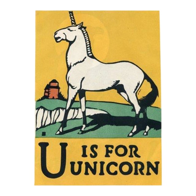 1920s, U Is for Unicorn Print, Original Vintage Children’s Print, Lithograph, ABCs For Sale