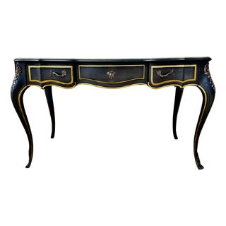 Vintage Drexel Heritage Et Cetera Louis XV French Provincial Black Lacquer Writing Desk With Tooled Leather Top | Bureau Plat Executive Desk For Sale